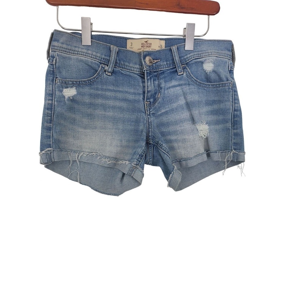 Hollister Midi Short Shorts 3/26 Womens Cuffed Raw Hem Light Wash Distressed‎